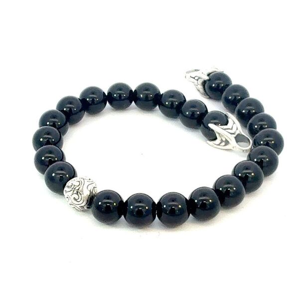 David Yurman Onyx Engraved Spiritual Beads Bracelet 8" Silver Estate DY683 - Picture 3 of 5